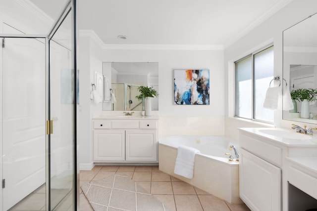 10833 Olympia Fields Loop, Austin, TX 78747 - bathroom featuring a shower stall, a garden tub, two vanities, crown molding, and tile patterned floors