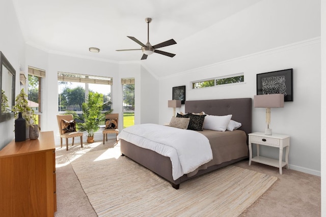 10833 Olympia Fields Loop, Austin, TX 78747 - bedroom featuring light carpet, crown molding, baseboards, a ceiling fan, and lofted ceiling