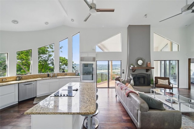 13902 Panorama Dr, Austin, TX 78732 - kitchen with dishwasher, black electric cooktop, ceiling fan, high vaulted ceiling, and a large fireplace
