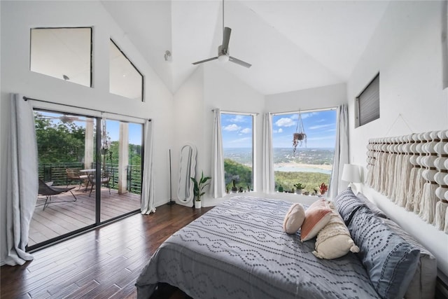 13902 Panorama Dr, Austin, TX 78732 - bedroom featuring access to outside, high vaulted ceiling, multiple windows, wood finished floors, and a ceiling fan