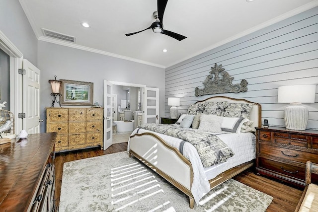 404 Riley Trl, Cedar Park, TX 78613 - bedroom with crown molding, wood finished floors, recessed lighting, french doors, and ceiling fan