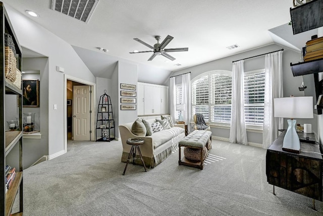 404 Riley Trl, Cedar Park, TX 78613 - carpeted living room featuring a ceiling fan, baseboards, lofted ceiling, and recessed lighting