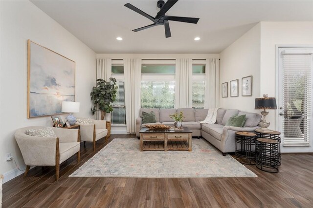 1225 Grassy Field Rd, Austin, TX 78737 - living area featuring wood finished floors, ceiling fan, recessed lighting, and baseboards