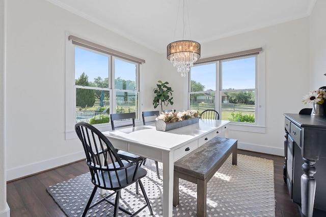 260 Unbridled, Austin, TX 78737 - dining room featuring ornamental molding, a chandelier, baseboards, and dark wood finished floors