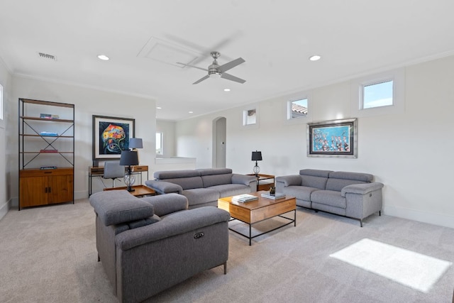 260 Unbridled, Austin, TX 78737 - living room featuring light colored carpet, ornamental molding, baseboards, recessed lighting, and ceiling fan