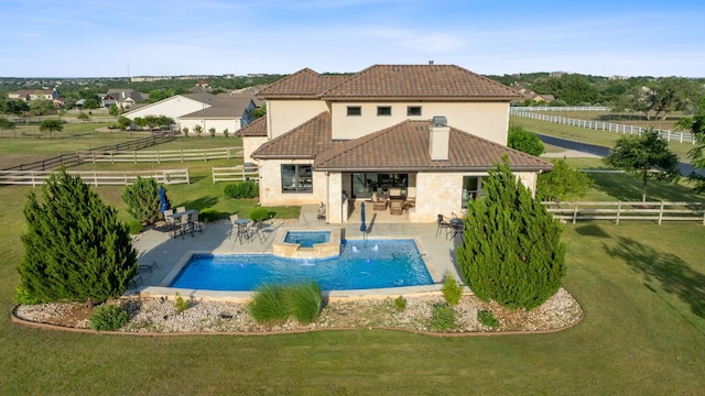260 Unbridled, Austin, TX 78737 - rear view of house featuring stucco siding, a tiled roof, a pool with connected hot tub, a patio area, and outdoor dining area