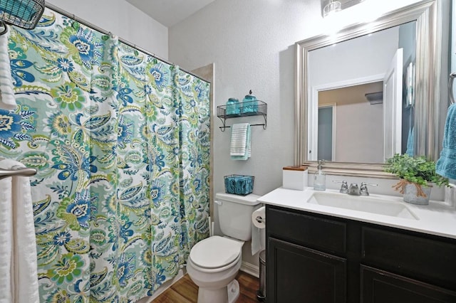 921 Stampede Rd, San Marcos, TX 78666 - bathroom featuring toilet, vanity, wood finished floors, a textured wall, and curtained shower