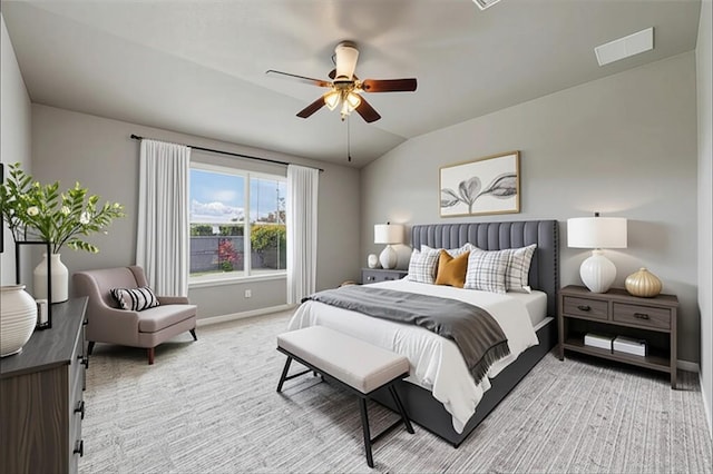 2128 Pearson Way, Round Rock, TX 78665 - bedroom with light carpet, baseboards, vaulted ceiling, and a ceiling fan