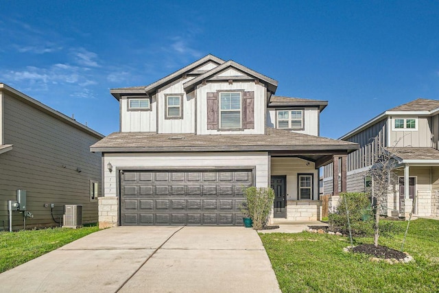 137 Green Egret Way, Leander, TX 78641 - view of front of property featuring concrete driveway, an attached garage, cooling unit, a front yard, and board and batten siding