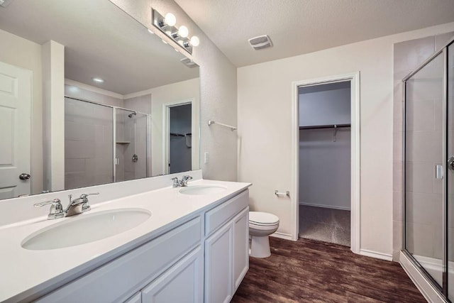 137 Green Egret Way, Leander, TX 78641 - bathroom with a spacious closet, a stall shower, toilet, double vanity, and recessed lighting
