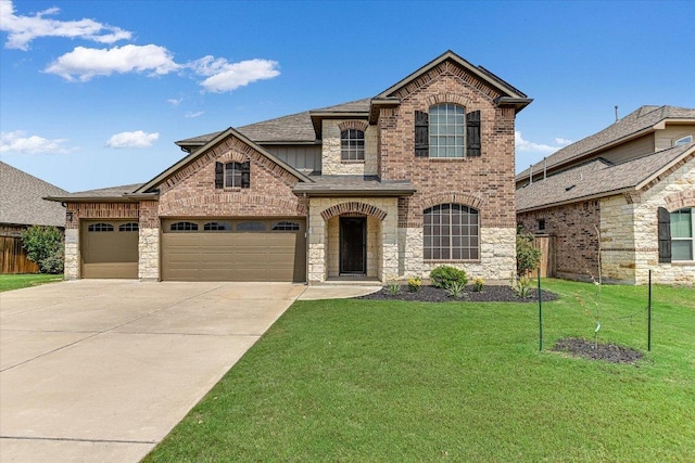 3908 Crispin Hall Ln, Pflugerville, TX 78660 - french country home with concrete driveway, a garage, board and batten siding, a shingled roof, and stone siding