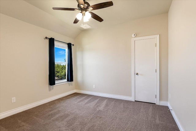 3908 Crispin Hall Ln, Pflugerville, TX 78660 - unfurnished room with dark colored carpet, a ceiling fan, baseboards, and lofted ceiling
