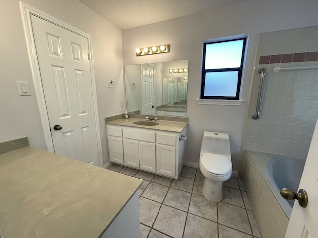 5001 Blue Bluff Rd, Austin, TX 78724 - bathroom with vanity, toilet, tile patterned flooring, and tiled shower / bath combo