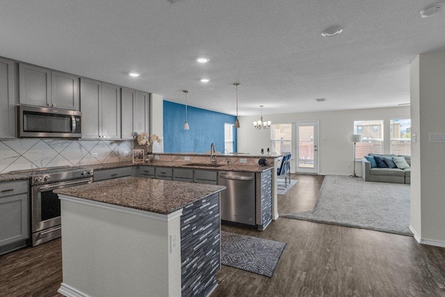 18909 James Carter Jr St, Manor, TX 78653 - kitchen with appliances with stainless steel finishes, dark wood-style flooring, a peninsula, gray cabinets, and a textured ceiling
