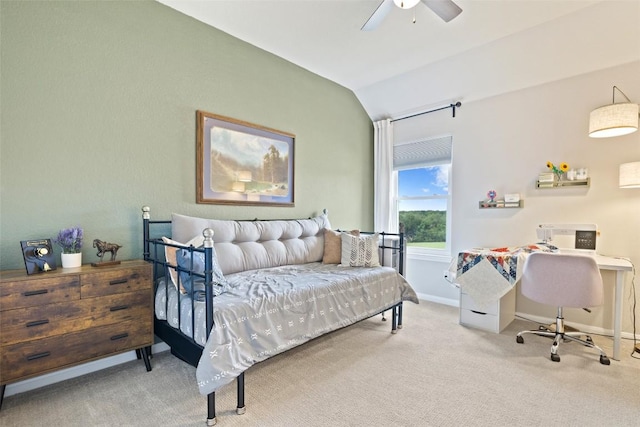 809 Bedford Ct, Georgetown, TX 78628 - bedroom featuring lofted ceiling, carpet floors, baseboards, and a ceiling fan