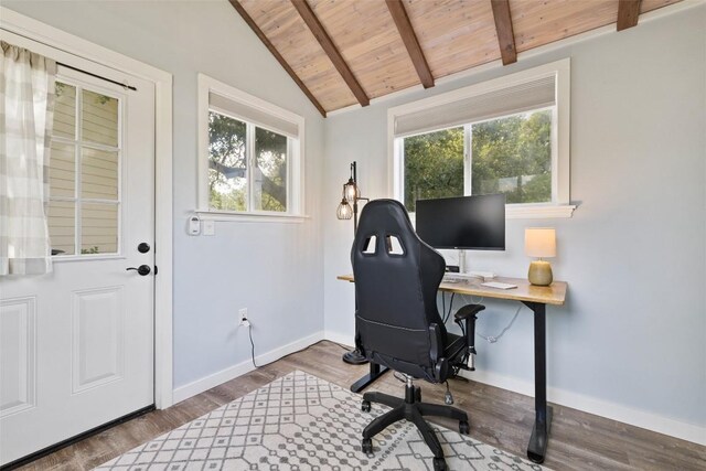 809 Bedford Ct, Georgetown, TX 78628 - office area with wooden ceiling, plenty of natural light, baseboards, and wood finished floors