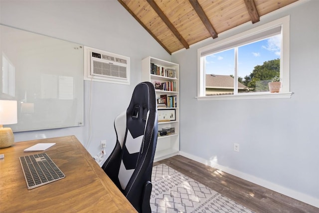 809 Bedford Ct, Georgetown, TX 78628 - home office featuring wooden ceiling, wood finished floors, baseboards, and a wall unit AC