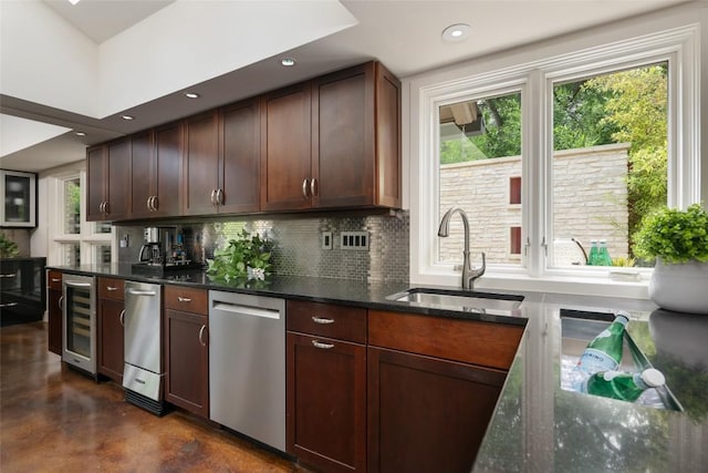 4305 Cliffwood Cir, Austin, TX 78759 - kitchen featuring dishwasher, finished concrete flooring, beverage cooler, backsplash, and dark stone countertops