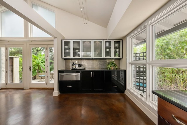 4305 Cliffwood Cir, Austin, TX 78759 - bar area featuring vaulted ceiling, healthy amount of natural light, backsplash, a warming drawer, and dark wood-style flooring