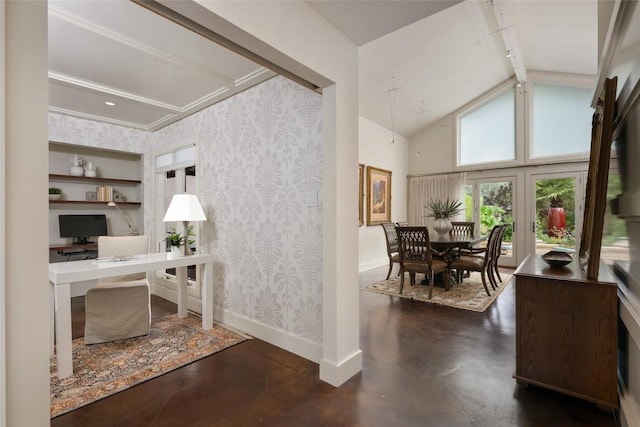 4305 Cliffwood Cir, Austin, TX 78759 - office featuring concrete flooring, wallpapered walls, and high vaulted ceiling