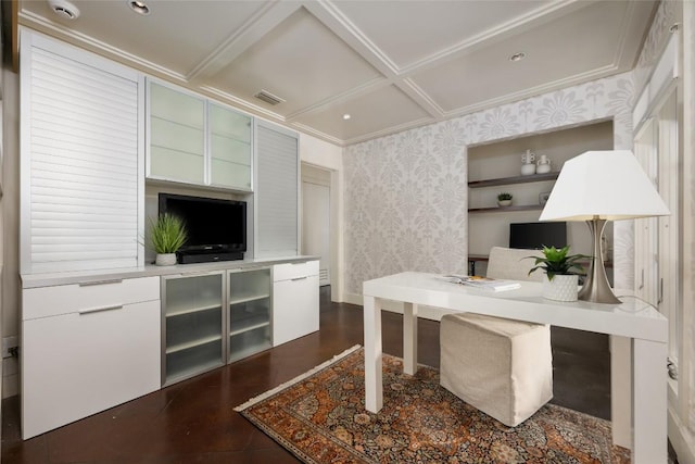4305 Cliffwood Cir, Austin, TX 78759 - office area featuring wallpapered walls, coffered ceiling, and dark wood-type flooring