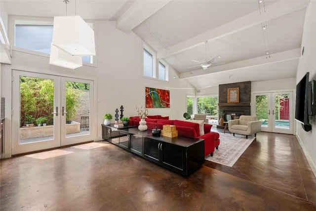 4305 Cliffwood Cir, Austin, TX 78759 - living room featuring french doors, finished concrete flooring, high vaulted ceiling, beam ceiling, and a ceiling fan
