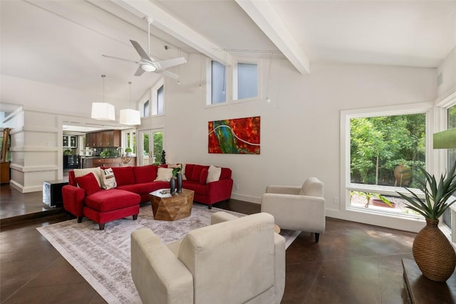 4305 Cliffwood Cir, Austin, TX 78759 - living area with healthy amount of natural light, beamed ceiling, ceiling fan, and high vaulted ceiling