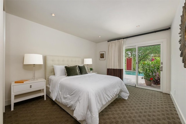 4305 Cliffwood Cir, Austin, TX 78759 - bedroom with access to exterior, dark colored carpet, and recessed lighting