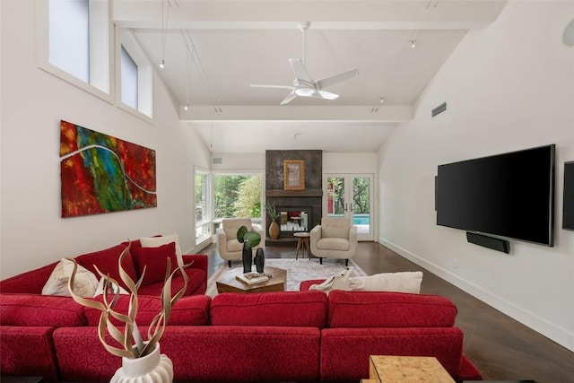 4305 Cliffwood Cir, Austin, TX 78759 - living area featuring a fireplace, high vaulted ceiling, beamed ceiling, ceiling fan, and track lighting