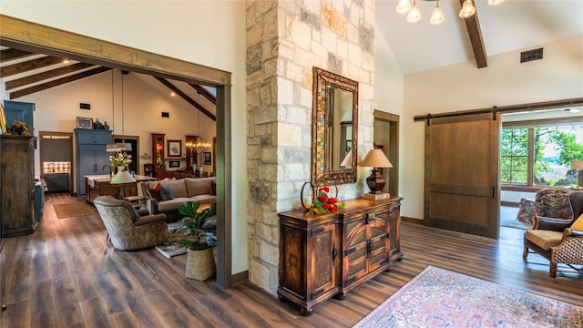 114 Turning Stone Cir, Fredericksburg, TX 78624 - living area featuring high vaulted ceiling, beam ceiling, dark wood finished floors, a chandelier, and a barn door