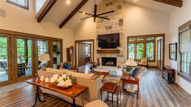 114 Turning Stone Cir, Fredericksburg, TX 78624 - living room featuring high vaulted ceiling, a fireplace, dark wood-style flooring, beamed ceiling, and ceiling fan