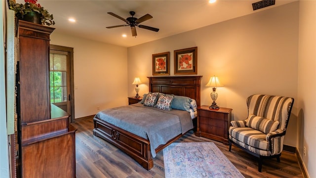 114 Turning Stone Cir, Fredericksburg, TX 78624 - bedroom featuring dark wood finished floors, recessed lighting, baseboards, and a ceiling fan