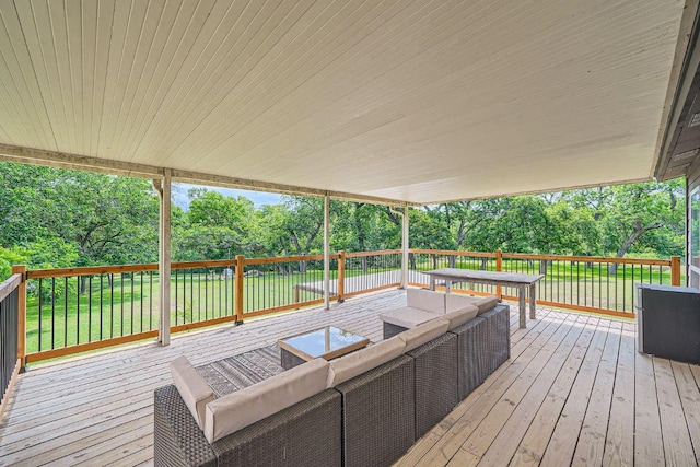 3610 Quiette Dr, Austin, TX 78754 - wooden terrace with an outdoor hangout area, view of scattered trees, and a yard
