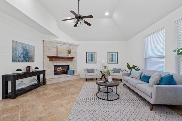 16413 Broadbay Dr, Austin, TX 78717 - living room featuring ceiling fan, a stone fireplace, high vaulted ceiling, recessed lighting, and baseboards