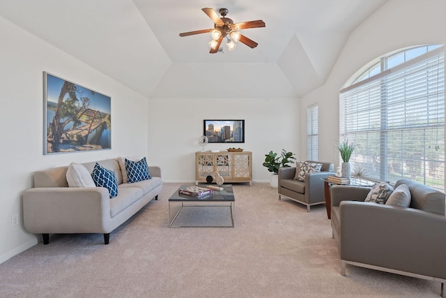 16413 Broadbay Dr, Austin, TX 78717 - living area featuring light colored carpet, ceiling fan, lofted ceiling, and baseboards