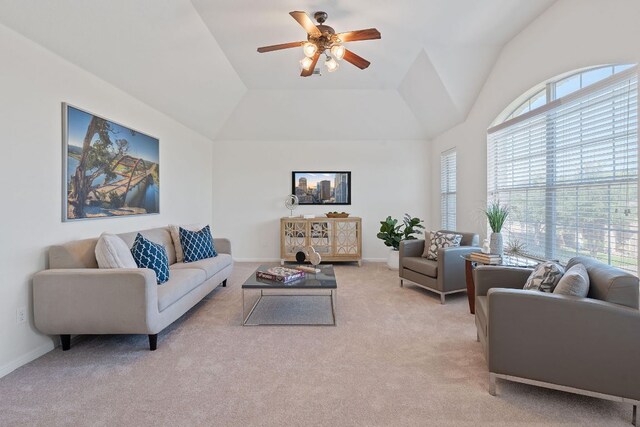 16413 Broadbay Dr, Austin, TX 78717 - living area featuring light colored carpet, ceiling fan, and vaulted ceiling