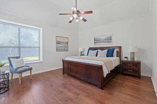 16413 Broadbay Dr, Austin, TX 78717 - bedroom with dark wood-style floors, baseboards, ornamental molding, and a ceiling fan