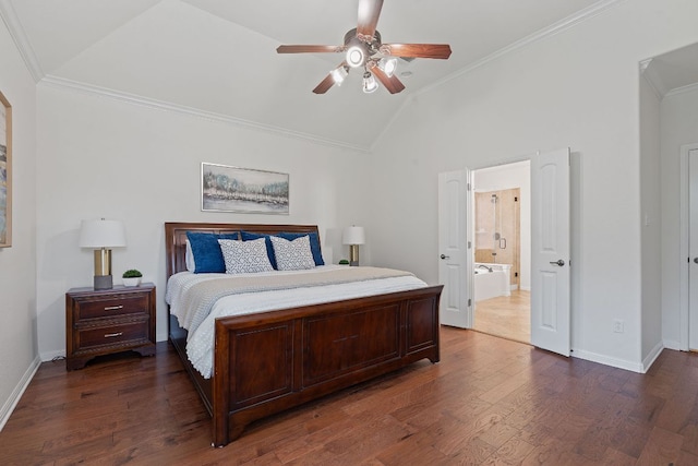 16413 Broadbay Dr, Austin, TX 78717 - bedroom featuring vaulted ceiling, ornamental molding, dark wood-type flooring, baseboards, and a ceiling fan