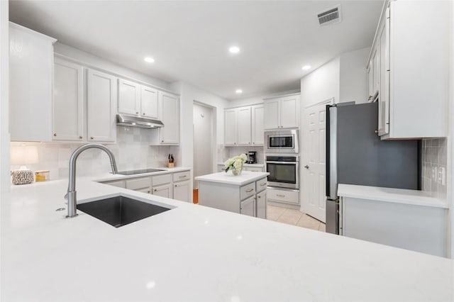 11817 Lake Stone Dr, Austin, TX 78738 - kitchen featuring stainless steel appliances, under cabinet range hood, decorative backsplash, recessed lighting, and light countertops