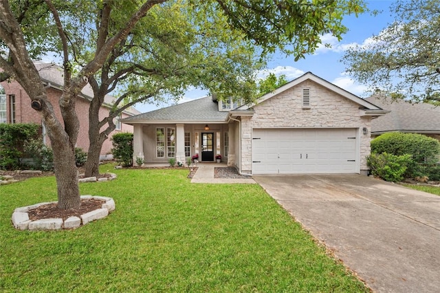 11817 Lake Stone Dr, Austin, TX 78738 - view of front facade with a garage, stone siding, concrete driveway, a front yard, and roof with shingles