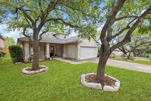11817 Lake Stone Dr, Austin, TX 78738 - traditional-style house with driveway, a front yard, a chimney, and a garage