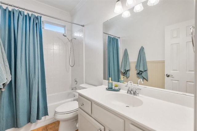 11817 Lake Stone Dr, Austin, TX 78738 - full bath with vanity, shower / bath combination with curtain, crown molding, toilet, and tile patterned flooring