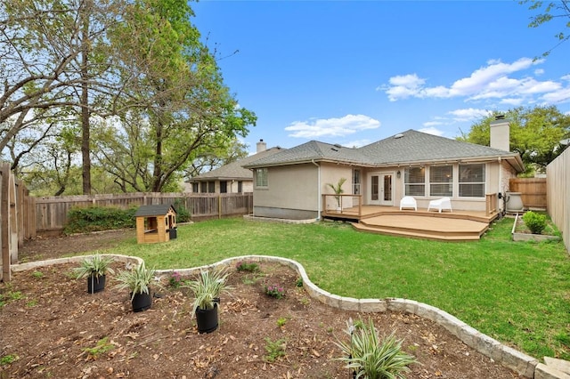 11817 Lake Stone Dr, Austin, TX 78738 - rear view of property with a wooden deck, french doors, a chimney, and stucco siding