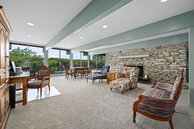 717 Mariner, Lakeway, TX 78734 - carpeted living room with beamed ceiling, floor to ceiling windows, a fireplace, and recessed lighting