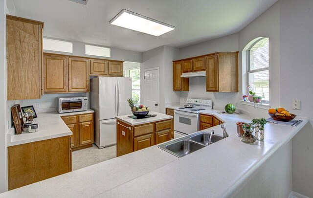 15053 Haley Holw, Austin, TX 78728 - kitchen with white appliances, under cabinet range hood, a sink, and light countertops