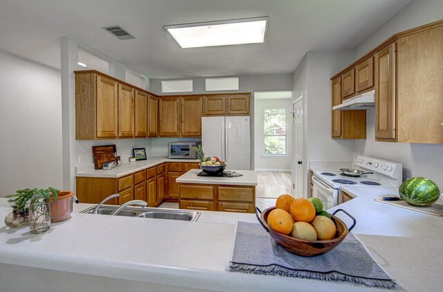 15053 Haley Holw, Austin, TX 78728 - kitchen with white appliances, under cabinet range hood, brown cabinetry, and light countertops