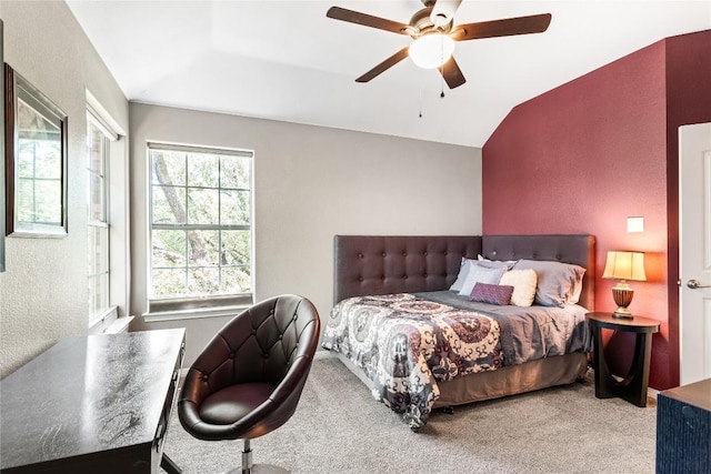 102 Cheerful Ct, Lakeway, TX 78734 - bedroom featuring carpet flooring, lofted ceiling, ceiling fan, and a textured wall