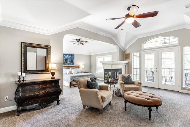 102 Cheerful Ct, Lakeway, TX 78734 - bedroom with carpet flooring, access to outside, a ceiling fan, baseboards, and a tiled fireplace