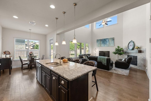 143 Pink Granite Blvd, Dripping Springs, TX 78620 - kitchen with a sink, hardwood / wood-style flooring, stainless steel dishwasher, a fireplace, and recessed lighting