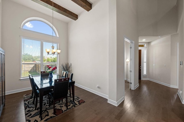 143 Pink Granite Blvd, Dripping Springs, TX 78620 - dining area featuring a chandelier, a towering ceiling, healthy amount of natural light, baseboards, and beam ceiling